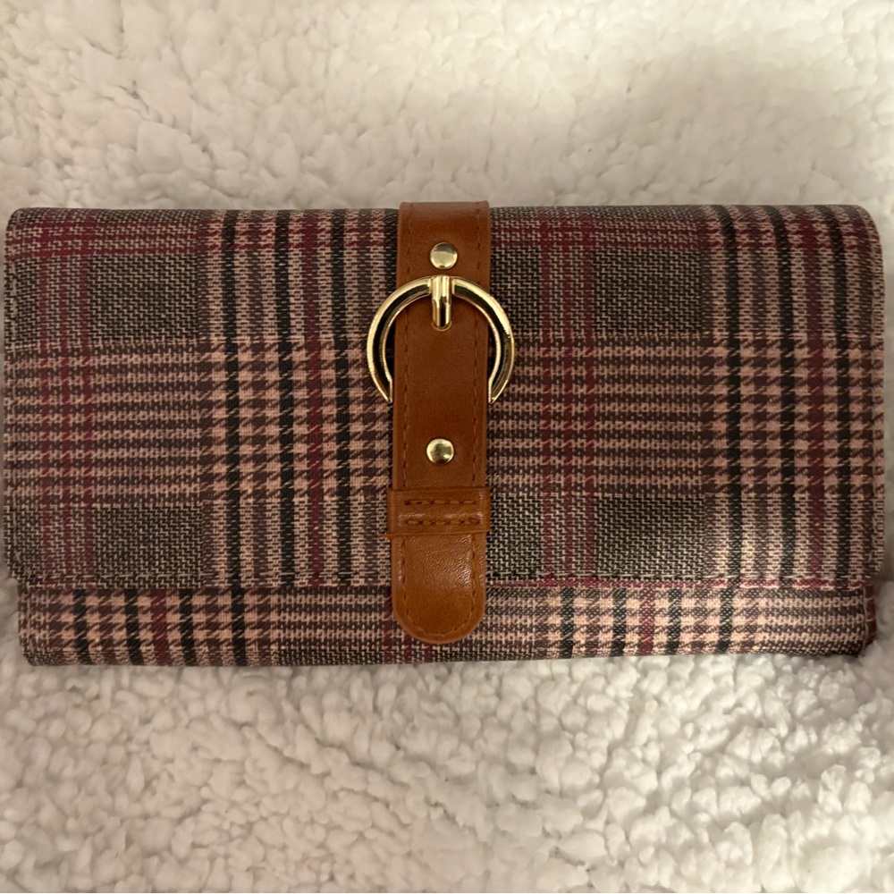 Plaid Clutch with Brown Strap